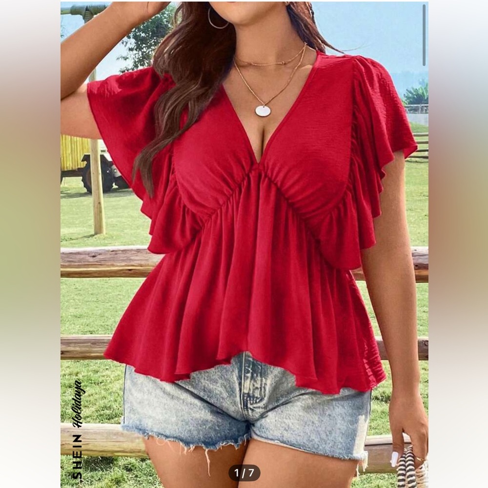 SHEIN Red Flutter Sleeve Peplum Blouse